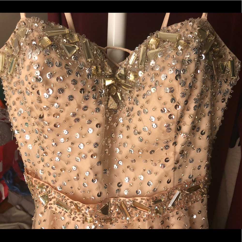 Tan rhinestones prom dress